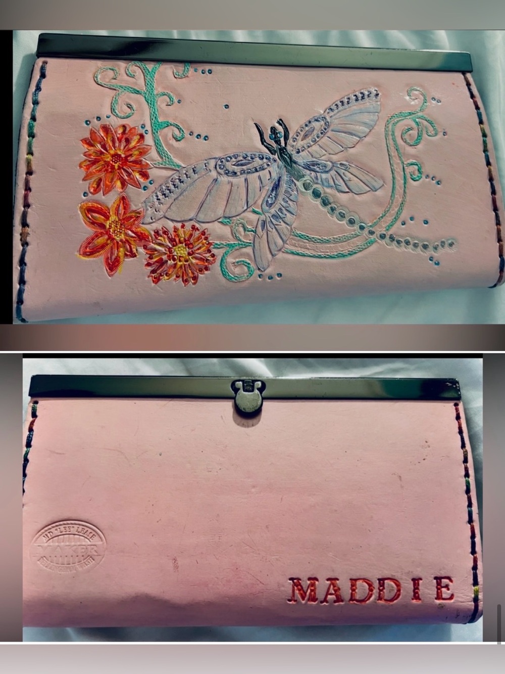 Custom hand tooled leather/Black Chrome”Maddie”Embossed Embroidered clutch/read